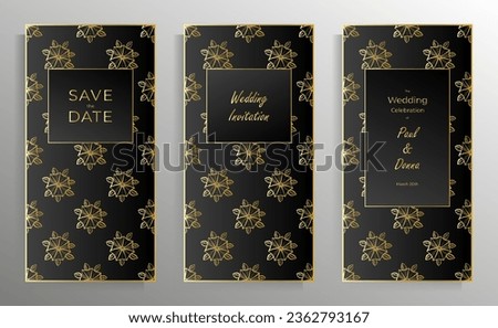 Wedding invitation design. A set of vector templates of the same format. Elegant cards with floral patterns black and gold.