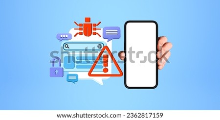 Hand of man holding smartphone with mock up screen and cybersecurity icons with malware and spyware alert triangular sign over blue background. Concept of data protection