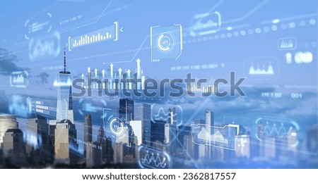 New York skyscrapers, digital data dashboard with graph analysis and indicators, numbers and KPI metrics. Concept of growing business, statistics and marketing research 