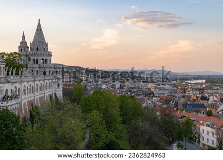 A picture of the Fisherman's Bastion at sunset.