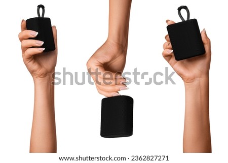 A woman's hand holds a black bluetooth music speaker. Three options. on isolated transparent background