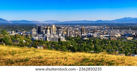 Panorama of Salt Lake City skyline with Utah State Capitol. The capitol is the main building of the Utah State Capitol Complex, which is located on Capitol Hill.