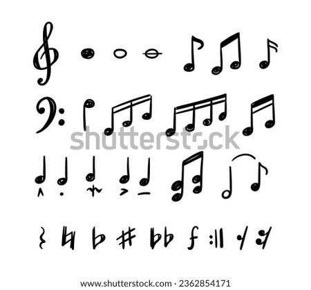 Music Note Doodle Style Musical Melody Elements Black Thin Line Icon Set. Vector illustration of Clef and Crotchet