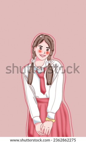 school children's drawings White long-sleeved school uniform and red long skirt