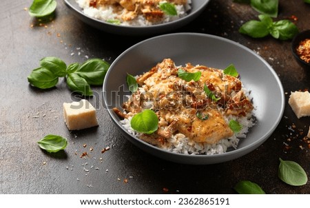 Marry Me Chicken. Creamy Garlic Sun Dried Tomato Chicken with rice. Healthy food Royalty-Free Stock Photo #2362865191