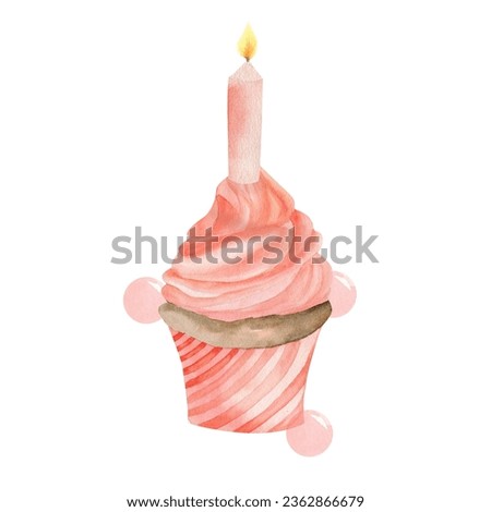 Watercolor pink birthday cupcake with candel and bubbles for card, invitation celebrating isolated