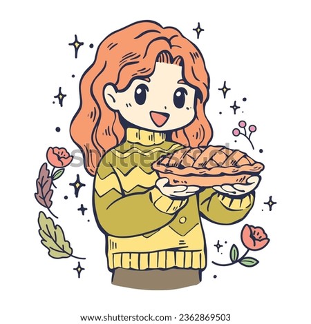 Cartoon illustration of cute girl with delicious pie. These cute cartoon file are perfect for T-shirts, phone cases, bags, mugs, stickers, tumblers.