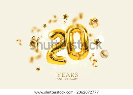 Gold festive balloons 20 years anniversary with golden confetti, presents, mirror ball and stars fly on a beige background with bokeh lights and sparks. Birthday luxury twenty card, a creative idea Royalty-Free Stock Photo #2362872777