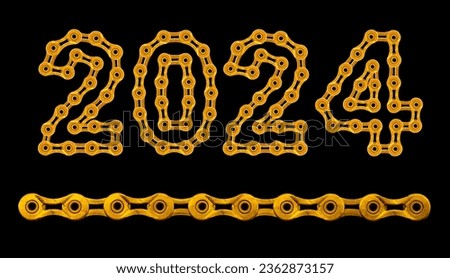 2024 Happy New Year with bicycle golden chain on black background 