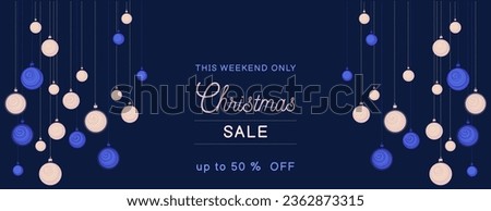  Christmas sale background.  Vector Christamas balls on the black blue fon. Horizontal  border with text space. Suitable for email header, post in social networks, advertising, events and page cover Royalty-Free Stock Photo #2362873315