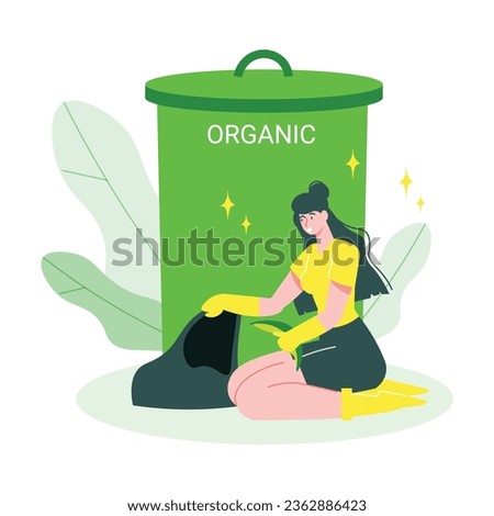 Garbage recycling flat set with collecting garden household waste sorting in plastic bags rubbish container vector illustration