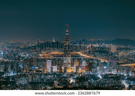Seoul Cityscape Night View under the Night Sky, Lotte World Tower, Han River Night Scene, Urban Landscape Photography in South Korea