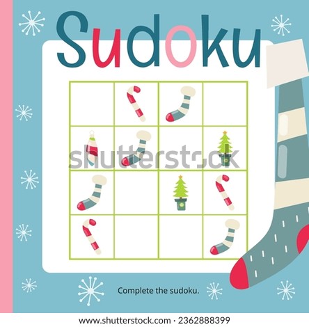 Christmas Puzzle game for children. Complete Christmas Sudoku. Vector illustration. Xmas decorations in Sudoku for kids activity book. Square page for Activity Book.