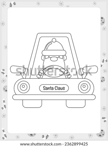 Christmas coloring page printable for children. Preschool games. Christmas Car with Santa Claus. Black and White Page for Xmas Coloring Book KDP. Vector illustration.