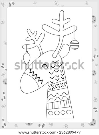 Christmas coloring page printable for children. Preschool games. Christmas Reindeer. Black and White Page for Xmas Coloring Book KDP. Vector illustration.