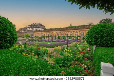 Beautiful flowers in the historical garden of Weilburg Cast in sunset, Hesse Germany. 