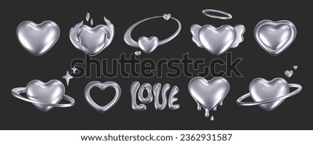3d chrome hearts in y2k style isolated on dark background. Render 3d silver hearts with galaxy planet, stars, fire flame, angel wings, melting, love text and glossy effect. 3d vector y2k illustration Royalty-Free Stock Photo #2362931587