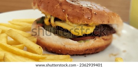 Photo of burger presentation and fries on plate.