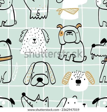 Vector hand-drawn color seamless repeating childish simple pattern with cute dogs, bones in Scandinavian style on a blue background. Children's texture with dogs. Dogs print. Pets.
