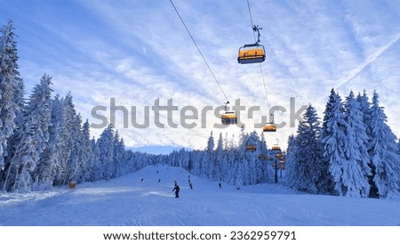The snow-covered piste for skiers and snowboarders, equipped with snow cannons and lampposts, runs under a four-seat chairlift through a spruce forest. In winter, the weather is sunny