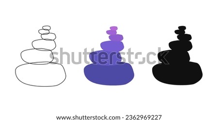 Zen Buddhist stones in pile. Purple, violet color, silhouette, outline. Symbol of harmony, balance. Meditation, Spa massage, relaxation. Stones pyramid. Vector isolated on white. Print decor textile