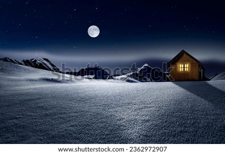 Christmas hut with lighted window in a snowy winter landscape