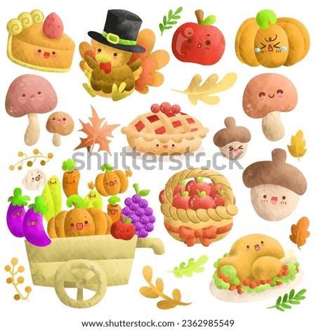 The theme of this image is Thanksgiving Day. Suitable for card, invitation, etc. Cute autumn elements. Thanksgiving clip art. Pine cone stock illustration. Autumn harvest. Food thanksgiving icons. 