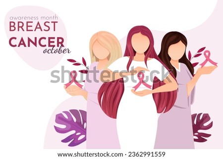 National Breast Cancer Awareness Month, three women hold a pink ribbon