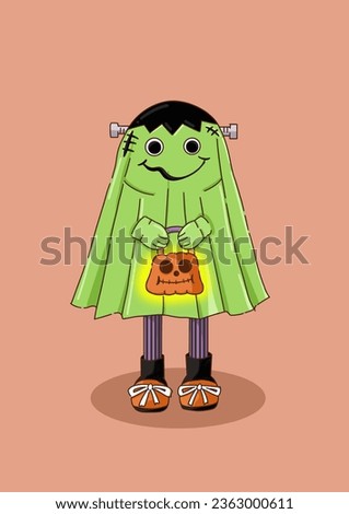 Halloween costume: Frankenstein holding a bag of pumpkins