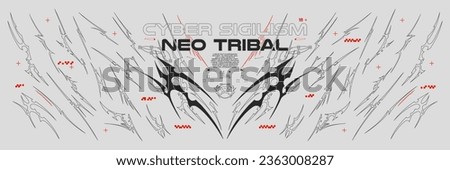 Collection of Neo Tribal symmetrical shapes. Cyber sigilism elements, gothic y2k sharp spikes with bones. Vector shape set Royalty-Free Stock Photo #2363008287