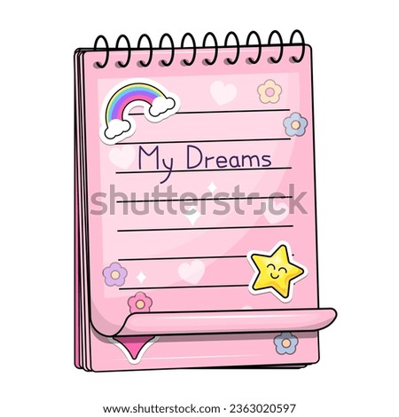 Cute cartoon pink paper notepad with stickers. Vector illustration on a white background.