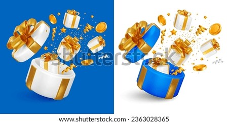 Giveaway, sale or win, birthday celebration concept. 3d realistic open gift box, gifts, coins and confetti fly out from it, like explosion, isolated on blue and white background. Vector illustration Royalty-Free Stock Photo #2363028365
