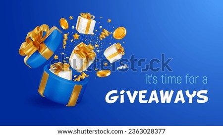Giveaway, sale or win, conceptual advertising luxury banner template. 3d realistic open gift box, gifts, coins and confetti fly out from it, like explosion on blue background. Vector illustration Royalty-Free Stock Photo #2363028377