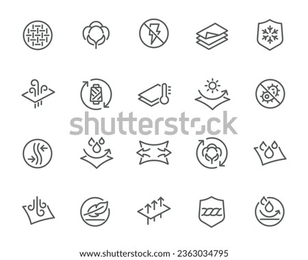 Textile Advantages and Technology Icons. Collection showcasing material properties like water repellency, lightweight, recyclability, and antibacterial features. Perfect for web design. Royalty-Free Stock Photo #2363034795