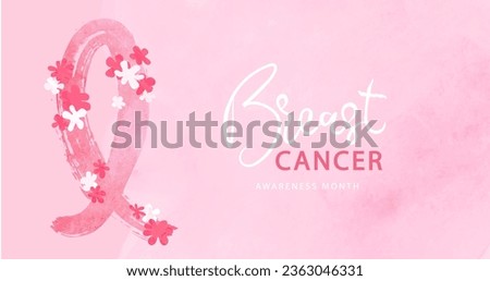 Breast cancer awareness month. Watercolor pink ribbon and flowers. Beautiful poster with hand drawn ribbon.Vector illustration