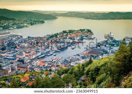 Panorama of Bergen, Norway, seen from Mt. Floyen viewpoint. Royalty-Free Stock Photo #2363049915
