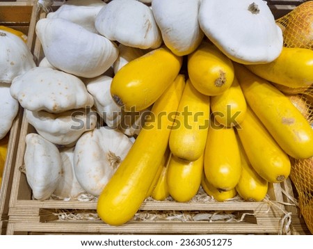 supermarket vegetable counters, various vegetables (pumpkin, zucchini, squash
)