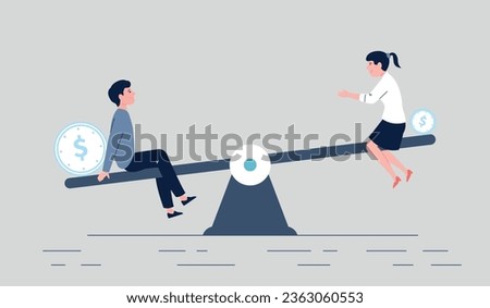 Salary gender gap metaphor. Business people competition, office workers on unbalanced desk. Dispute corporate, vector working scene Royalty-Free Stock Photo #2363060553