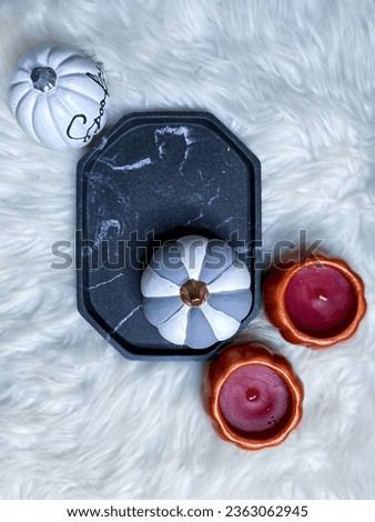 Coloured Pumpkins on Marble Tray with White Textured Background Flat Lay Photography