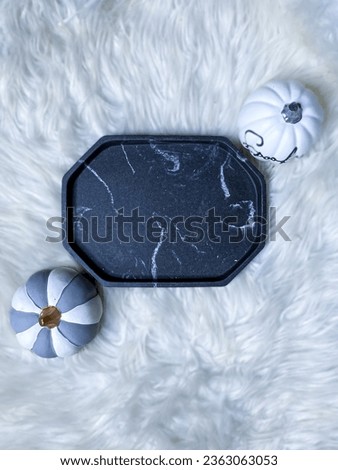 White Pumpkins on Marble Tray with White Textured Background Flat Lay Photography