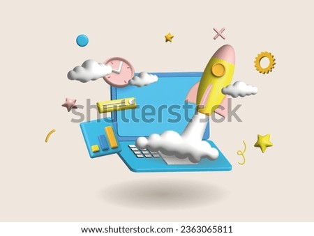 Space rocket, spaceship or spacecraft Concept of financial startup project launch, business gain, earning or profit. 3D cartoon vector illustration for poster banner.