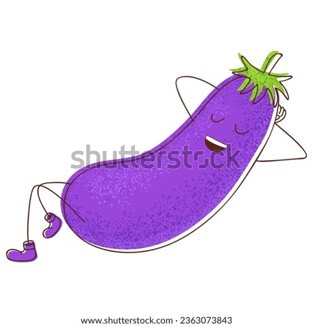 A self-assured purple eggplant character in an old-school cartoon style, radiating satisfaction with life. Illustration isolated on a white background. Emoji print.