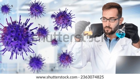 Man virologist. Doctor in laboratory. Virus molecules. Virologist with test tubes. Scientist holding test tubes with viruses. Virologist man conducts scientific experiments. Doctor working in clinic Royalty-Free Stock Photo #2363074825