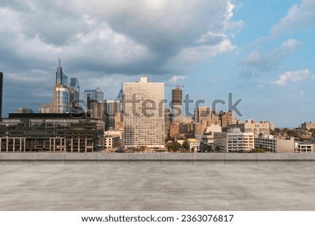 Skyscrapers Cityscape Downtown, Philladelphia Skyline Buildings. Beautiful Real Estate. Day time. Empty rooftop View. Success concept.