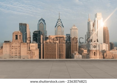 Skyscrapers Cityscape Downtown, Philladelphia Skyline Buildings. Beautiful Real Estate. Sunrise. Empty rooftop View. Success concept.