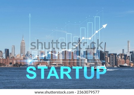 New York City skyline from Brooklyn, Williamsburg over the East River, Manhattan skyscrapers at day time, USA. Startup company, launch project to seek and develop scalable business model, hologram