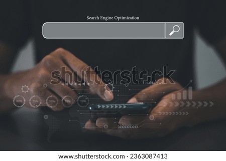 Businessman using smartphone to search for customers and optimize content with SEO tools. Digital marketing and business technology concept. search engine optimization with search bar