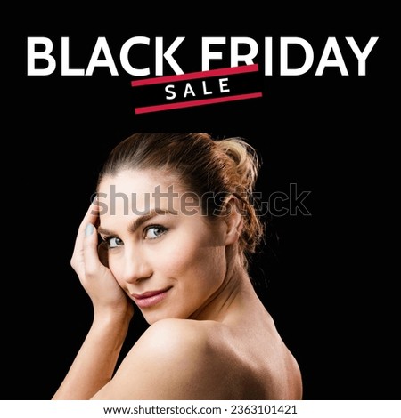 Black friday sale text with smiling caucasian woman on black background. Retail shopping and business sale promotion concept digitally generated image.