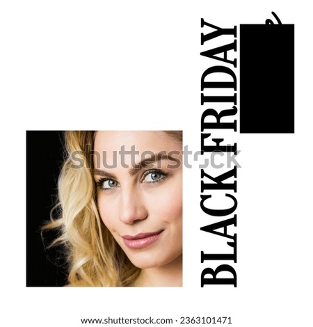 Black friday sale text with smiling caucasian woman on white background. Retail shopping and business sale promotion concept digitally generated image.