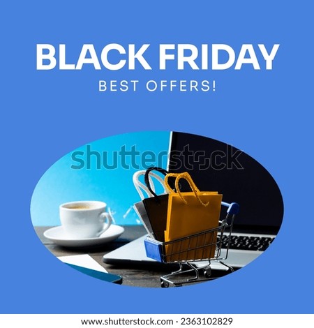 Black friday, best offers text with shopping nags in trolley and laptop on blue background. Retail shopping and business sale promotion concept digitally generated image.